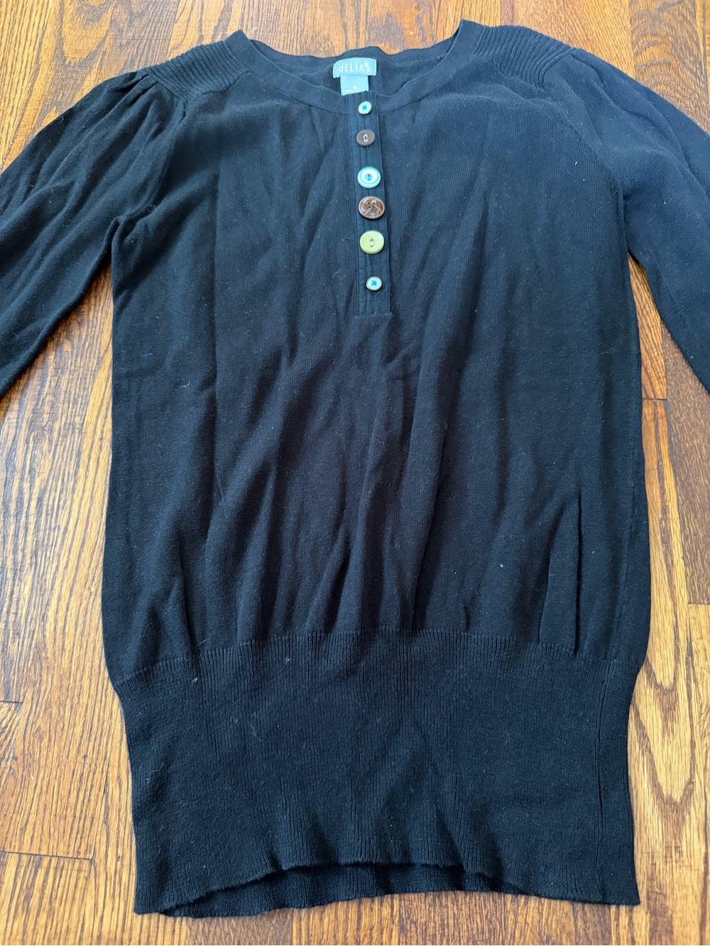 dELiA*s Black Crewneck Sweater with Multi-Color Buttons